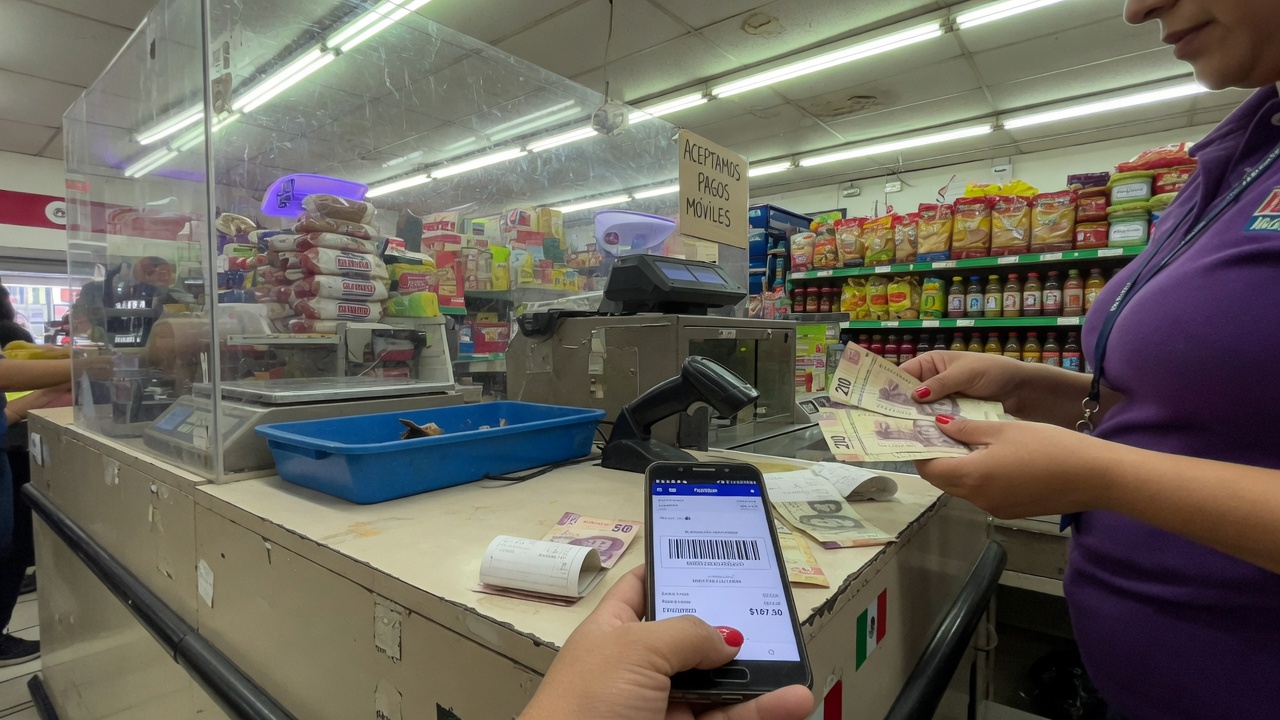 Pago en efectivo en caja de una tienda de conveniencia en México